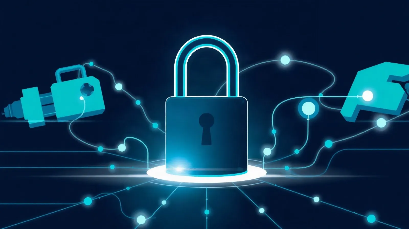 Ilustración abstracta de un candado digital conectado por líneas de datos a formas robóticas, representando la seguridad entre contraseñas y agentes de inteligencia artificial