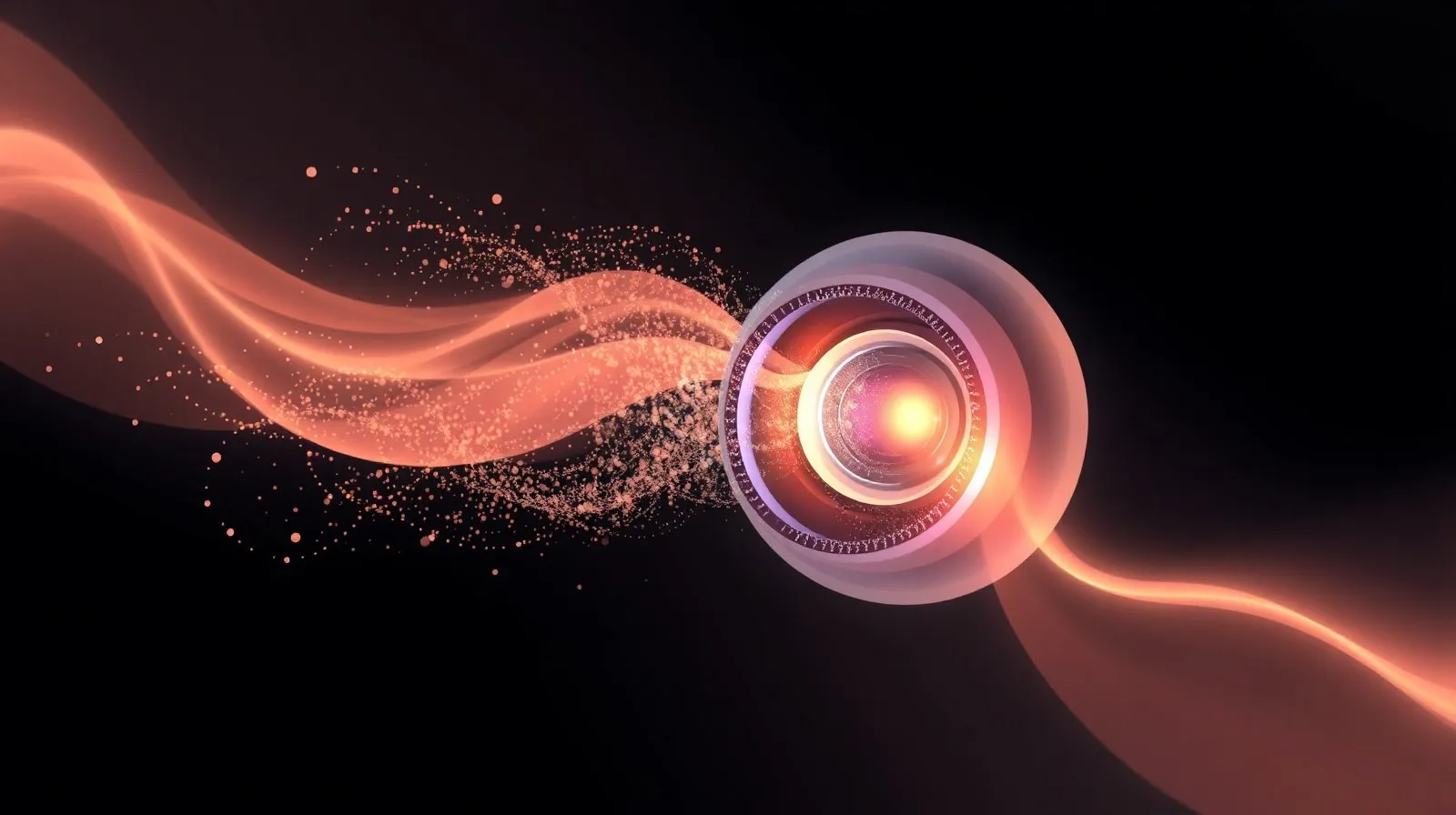 Ilustración abstracta de un lente de cámara fusionado con partículas digitales que representan inteligencia artificial
