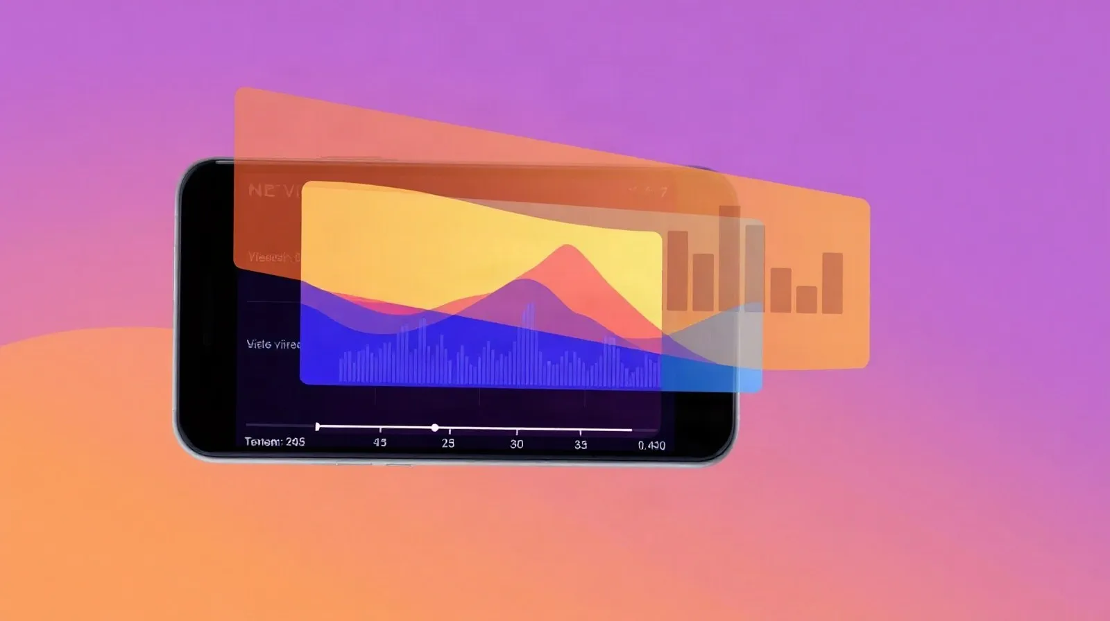 Ilustración abstracta de capas de video y líneas de tiempo superpuestas sobre la silueta de un smartphone