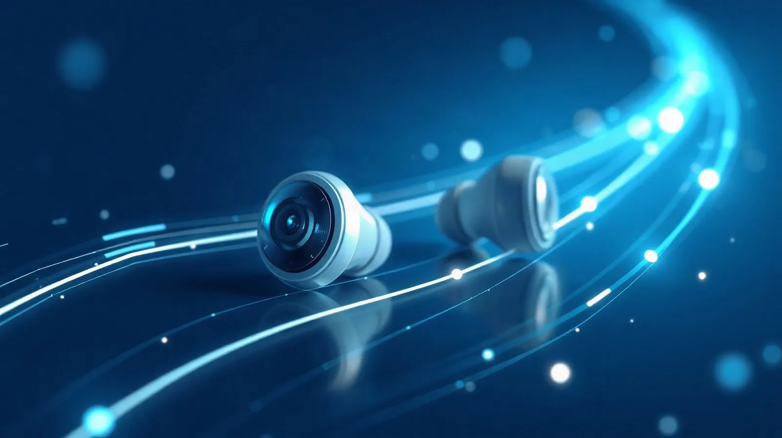 Ilustración abstracta de audífonos inalámbricos con pequeños lentes y líneas de datos que representan inteligencia visual