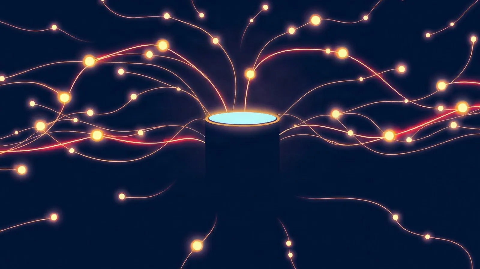 Ilustración abstracta de un altavoz inteligente rodeado de flujos de datos digitales en tonos azules