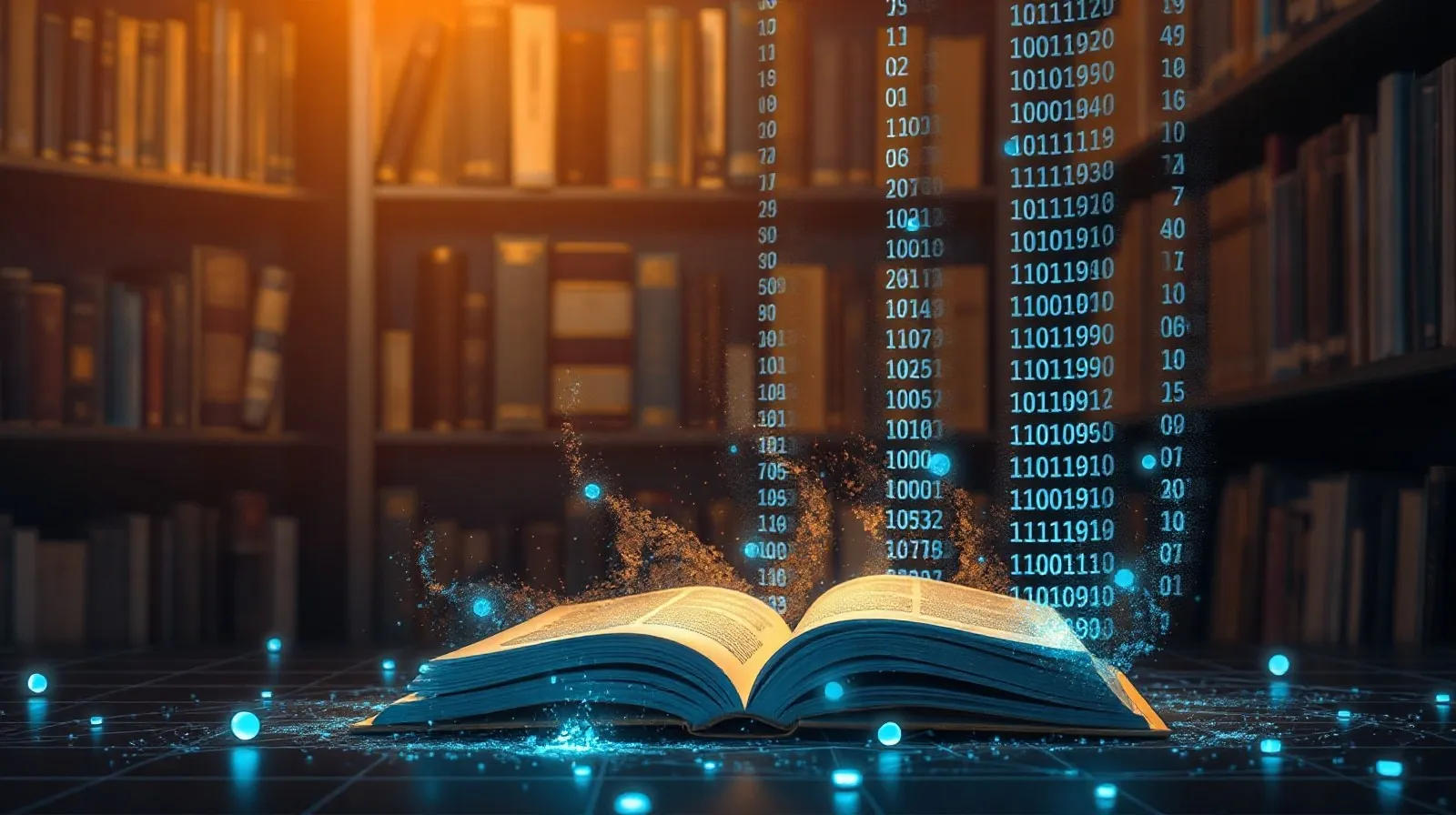 Ilustración abstracta de libros antiguos disolviéndose en fragmentos de código digital