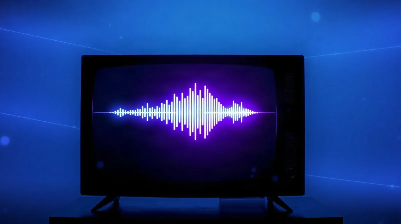 Ilustración abstracta de ondas de voz luminosas saliendo de una silueta de televisor, representando un asistente de inteligencia artificial