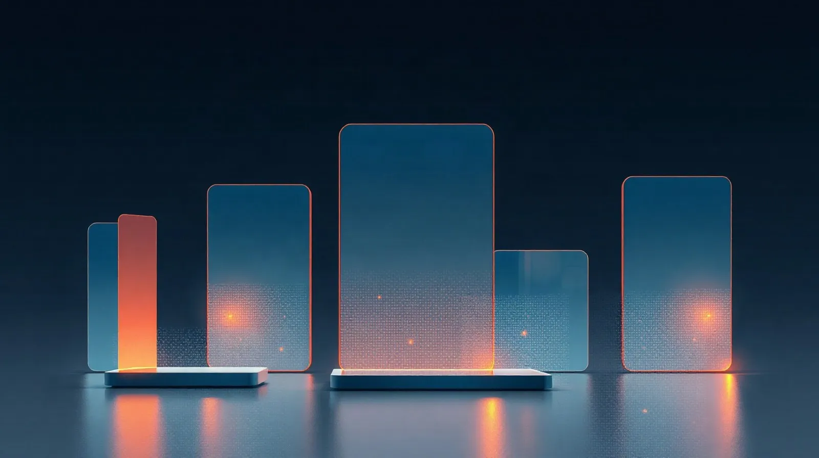 Ilustración abstracta de tablets y conectividad digital con formas geométricas y tonos azules y ámbar
