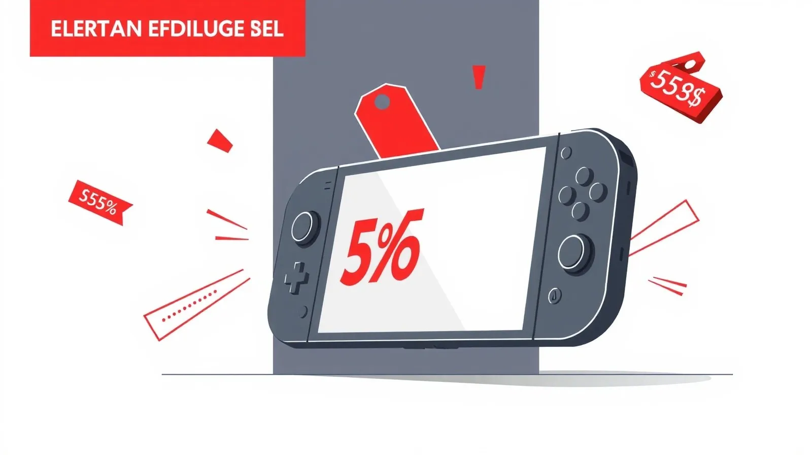 Ilustración abstracta que representa una consola portátil de videojuegos con elementos gráficos de descuento y precio
