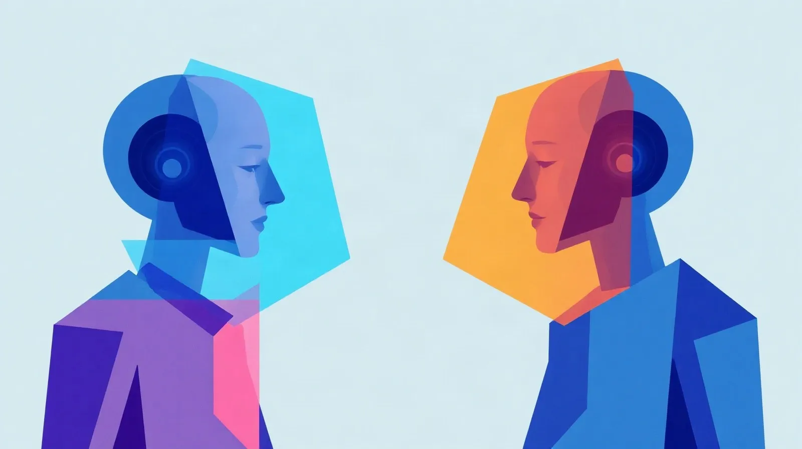 Ilustración abstracta de formas geométricas translúcidas en azul y violeta que representan agentes de inteligencia artificial en interacción
