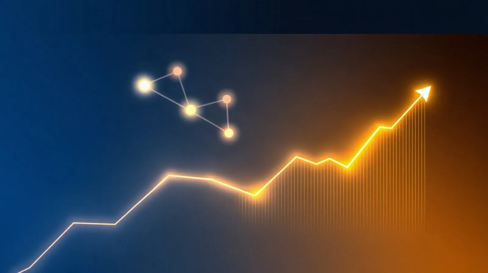 Ilustración abstracta de redes neuronales digitales junto a líneas descendentes que representan la baja de precios en modelos de inteligencia artificial