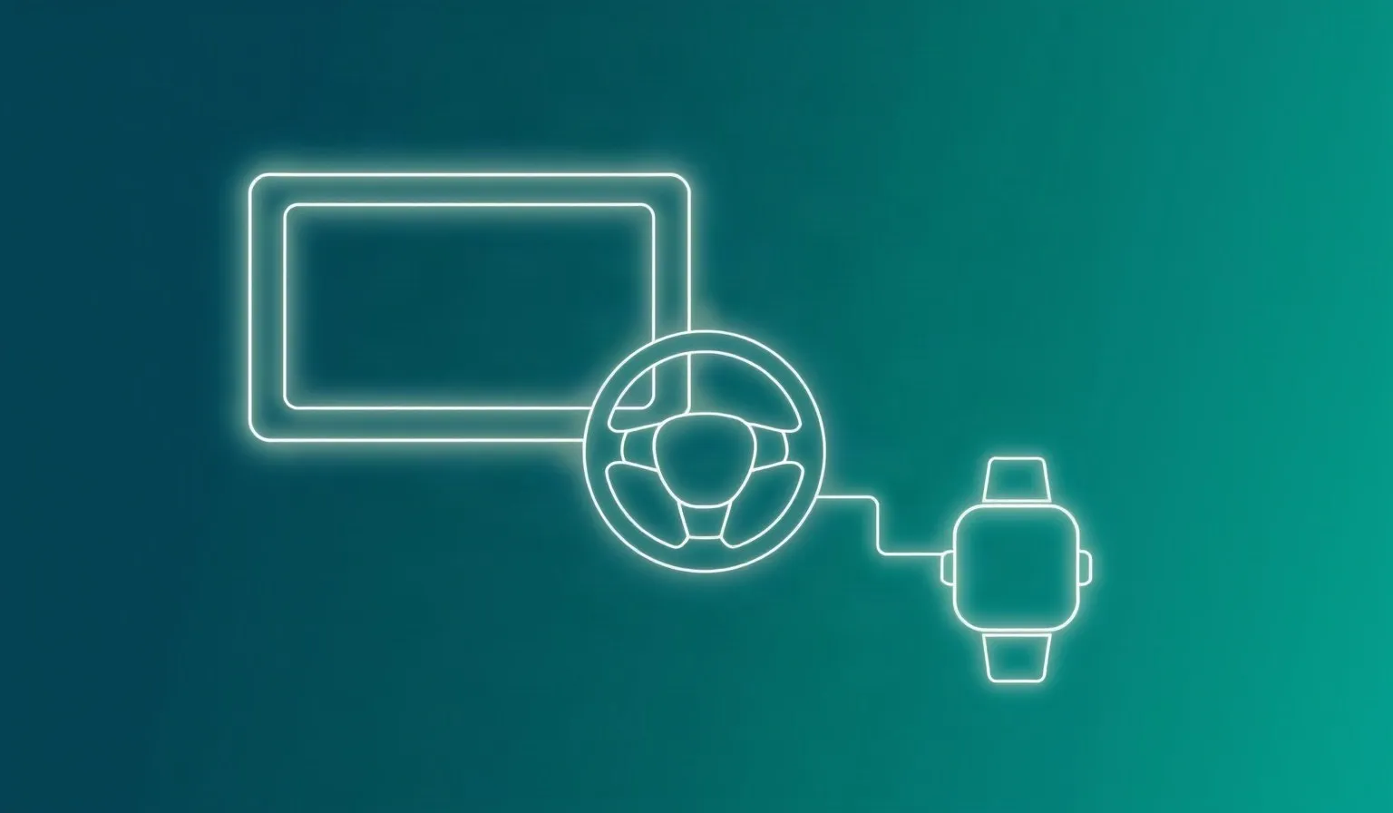 Ilustración abstracta de íconos conectados que representan televisión, automóvil y reloj inteligente