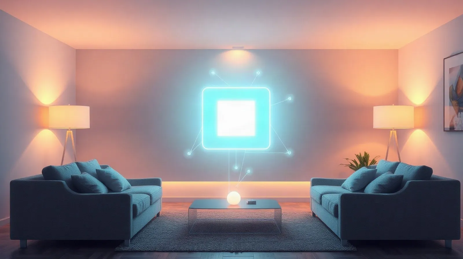Ilustración abstracta de una pantalla cuadrada flotante que representa un hub de hogar inteligente, rodeada de líneas de luz que simbolizan dispositivos conectados