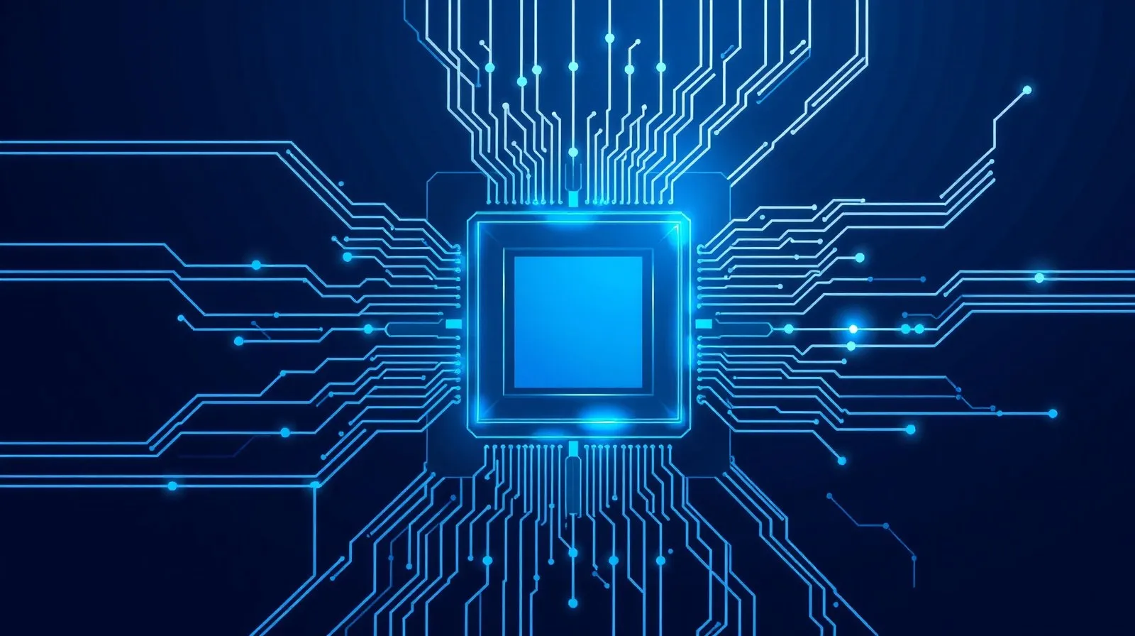 Ilustración abstracta de un chip de inteligencia artificial con patrones de circuitos en tonos azules
