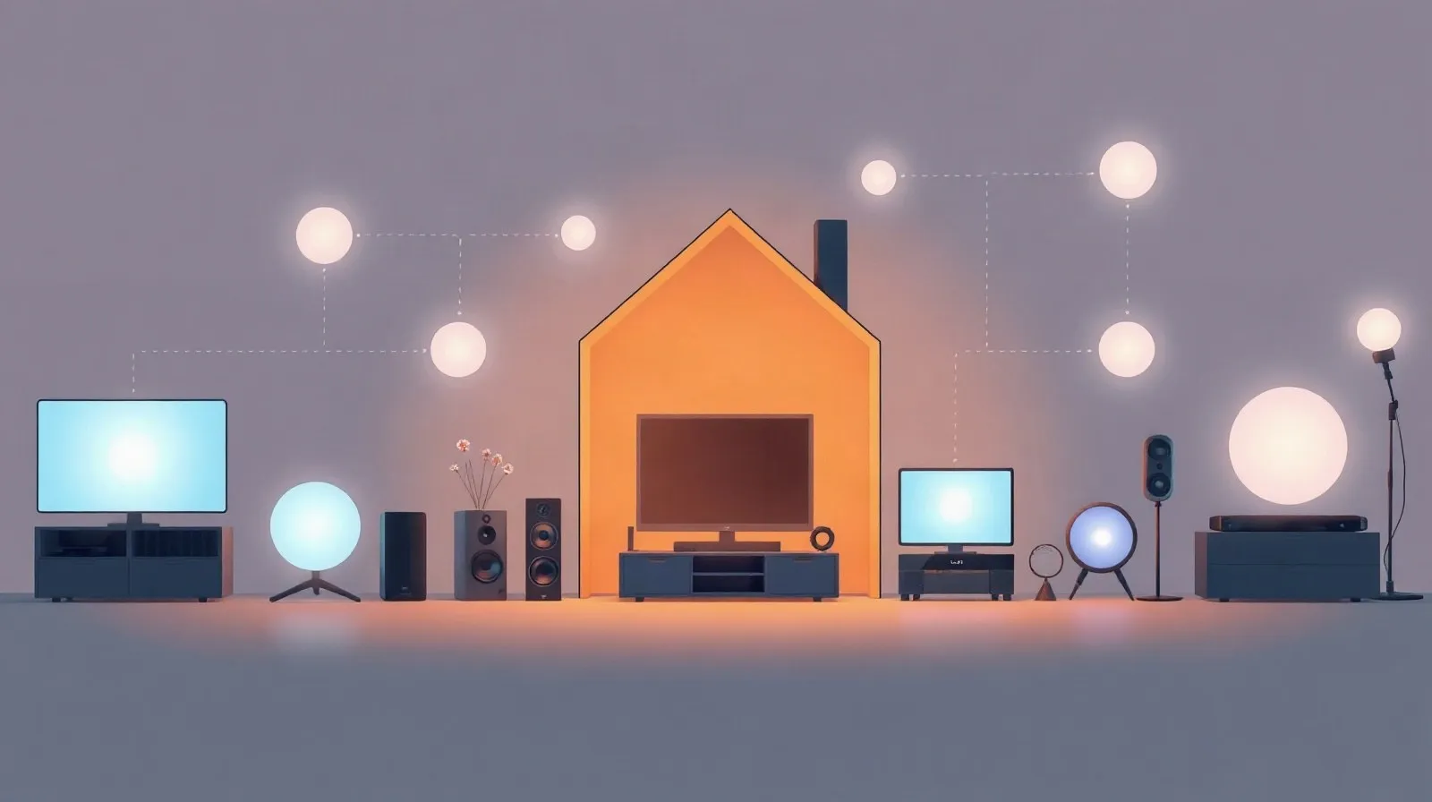 Ilustración abstracta de dispositivos conectados de hogar inteligente alrededor de una silueta de casa