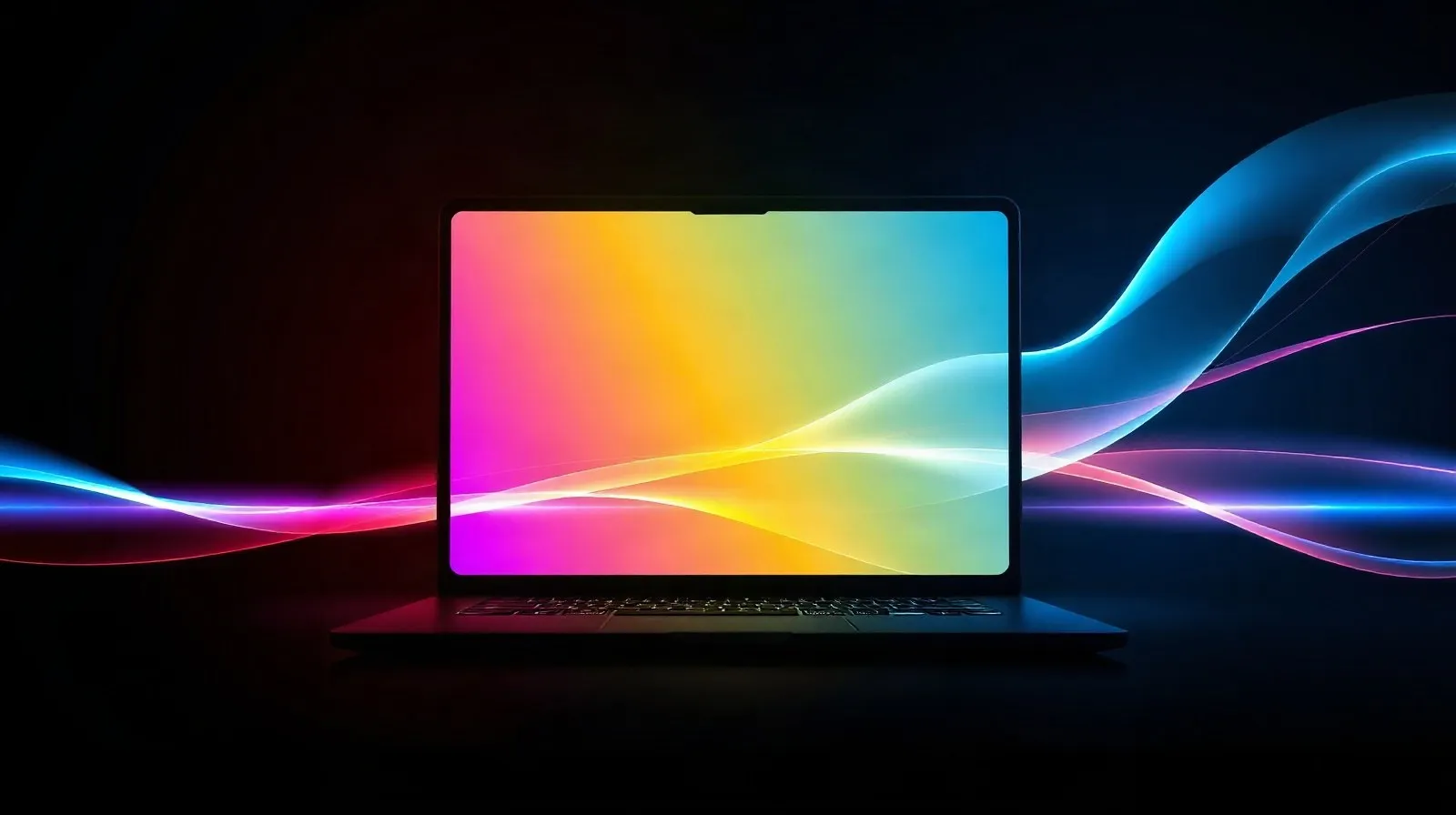 Ilustración abstracta de una laptop con pantalla luminosa en tonos vibrantes representando tecnología OLED táctil