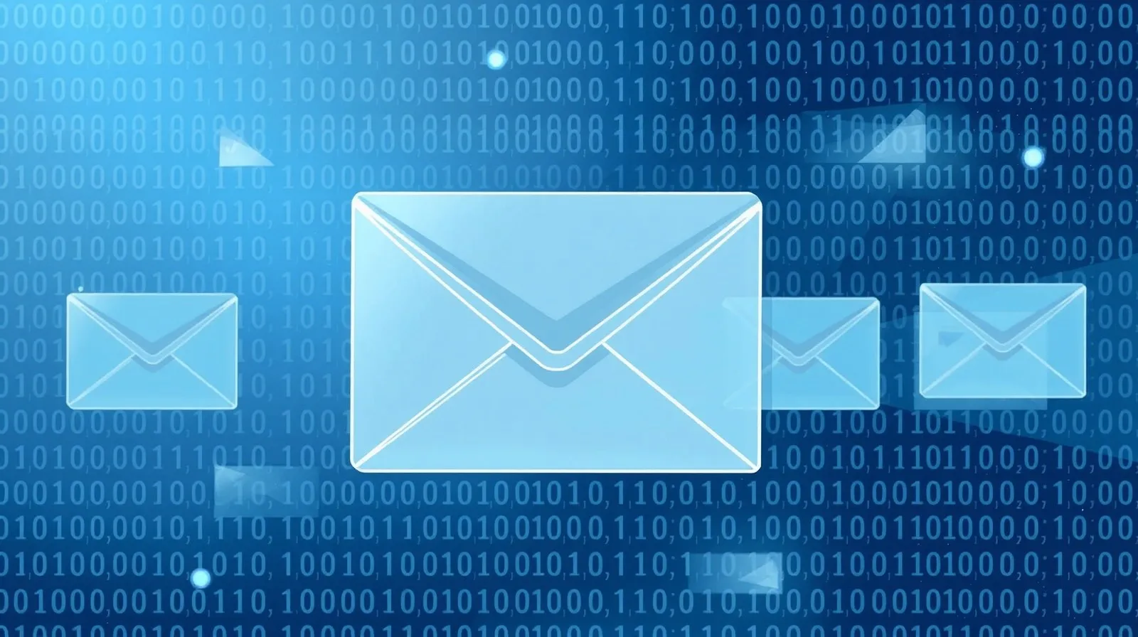 Ilustración abstracta de sobres de correo translúcidos que se disuelven en patrones digitales, representando la privacidad del correo electrónico