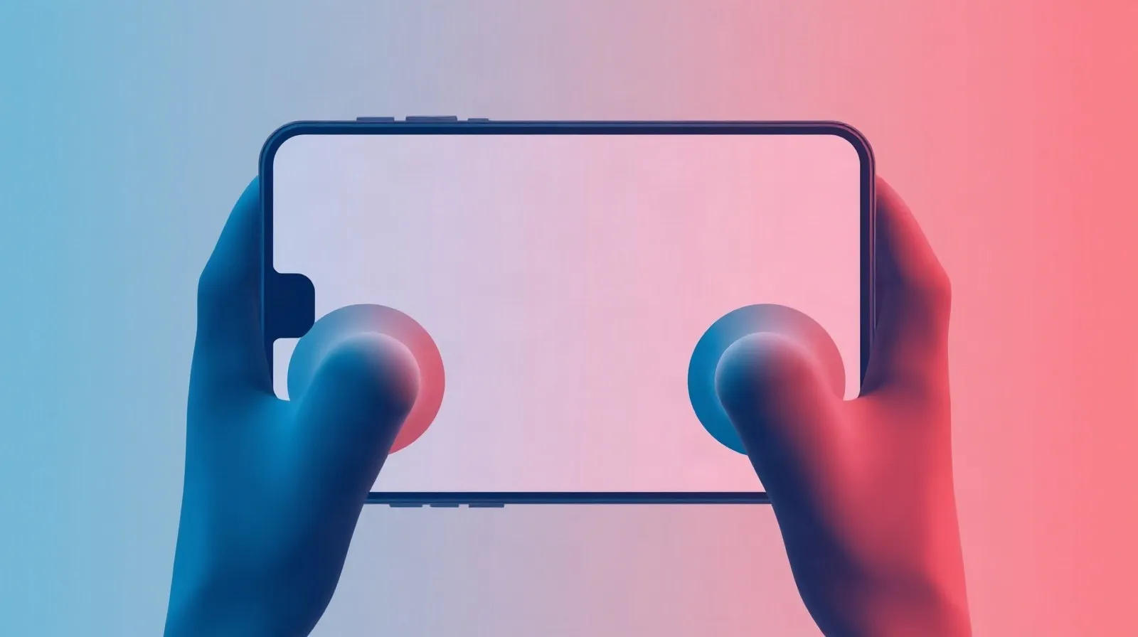Ilustración abstracta de un control de videojuegos y un teléfono combinados en tonos azules y coral