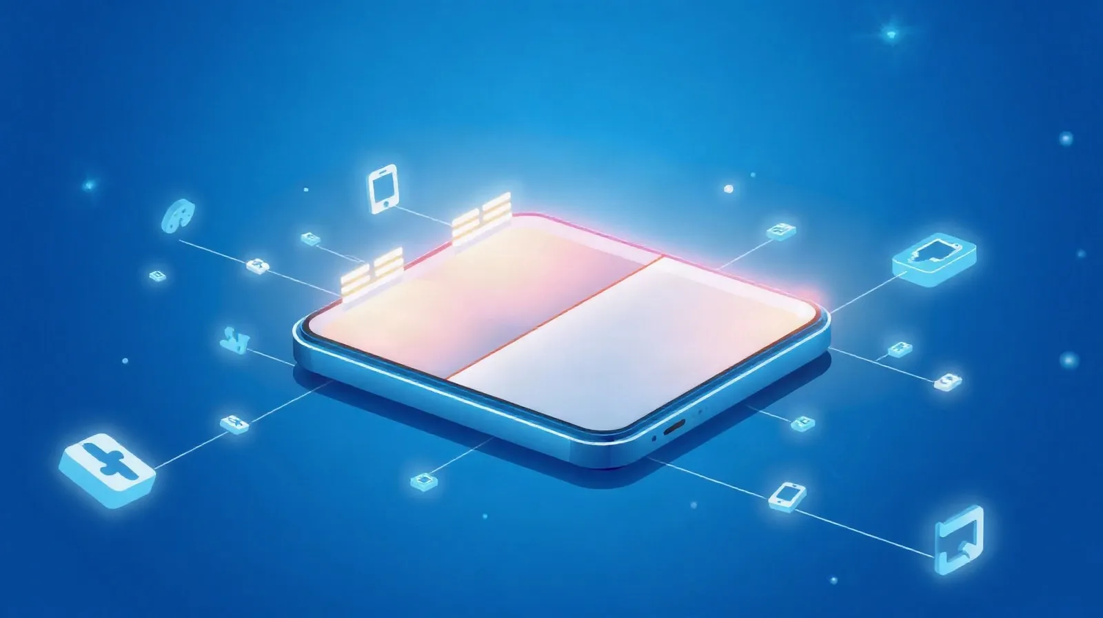 Ilustración abstracta de un teléfono plegable con dos pantallas iluminadas y formas geométricas alrededor