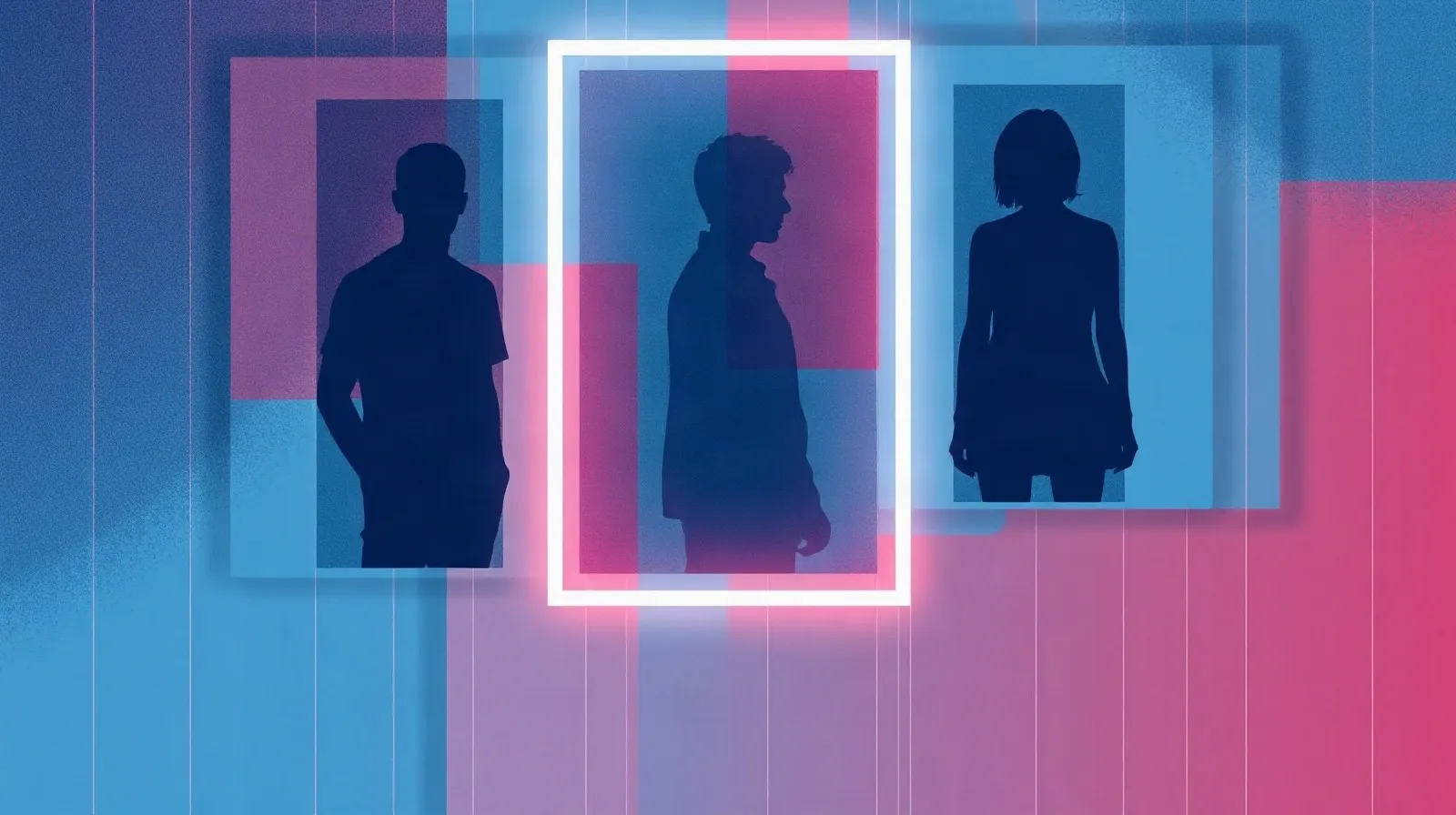 Ilustración abstracta sobre moderación de contenido e inteligencia artificial con siluetas digitales filtradas por una barrera luminosa