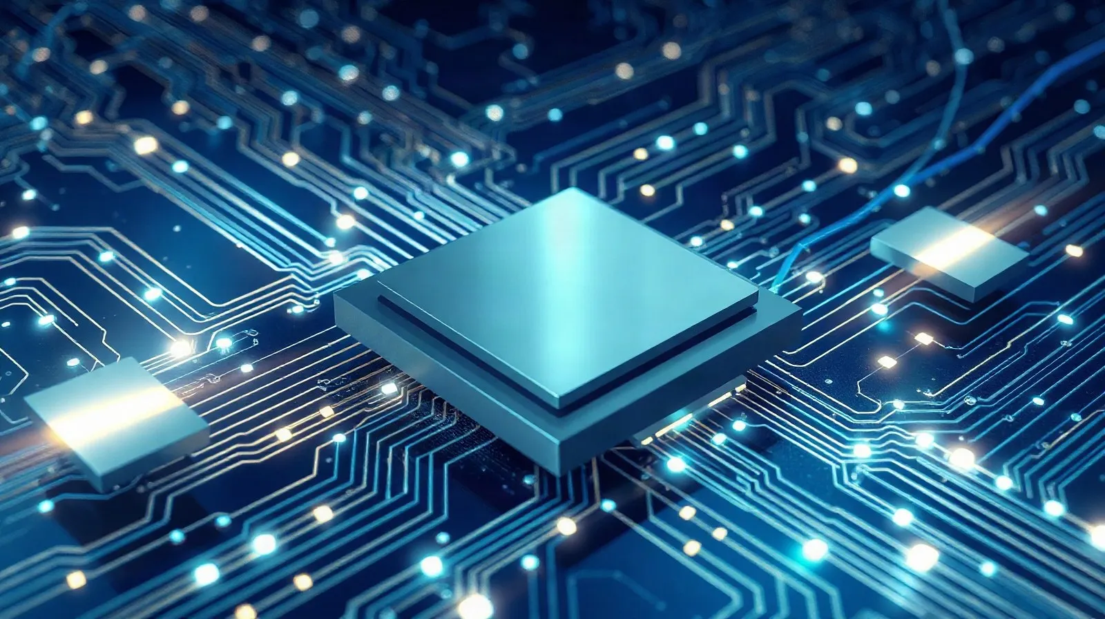Ilustración abstracta de un chip de computadora con patrones de circuitos iluminados en tonos azules y plateados