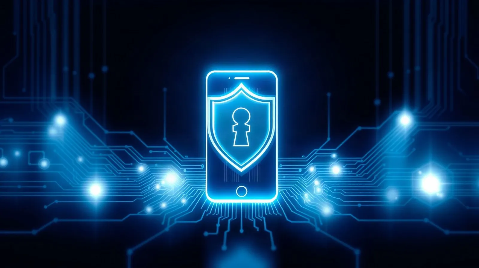 Ilustración abstracta de un teléfono protegido por capas de escudos digitales que representan una actualización de seguridad