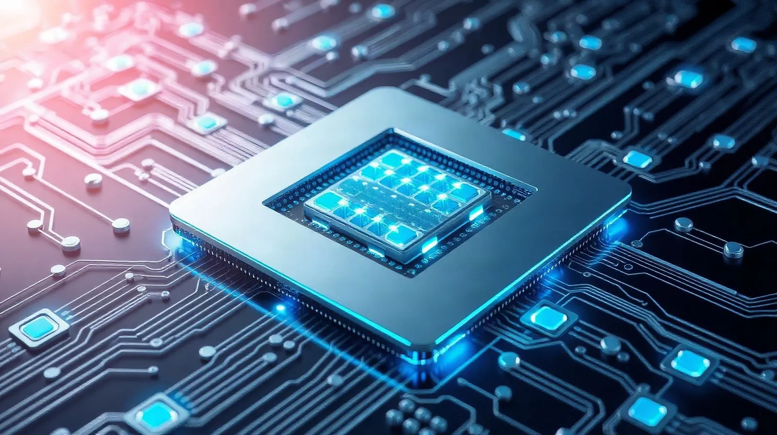 Ilustración abstracta de un chip de procesador con patrones de circuitos brillantes en tonos plateados y azules