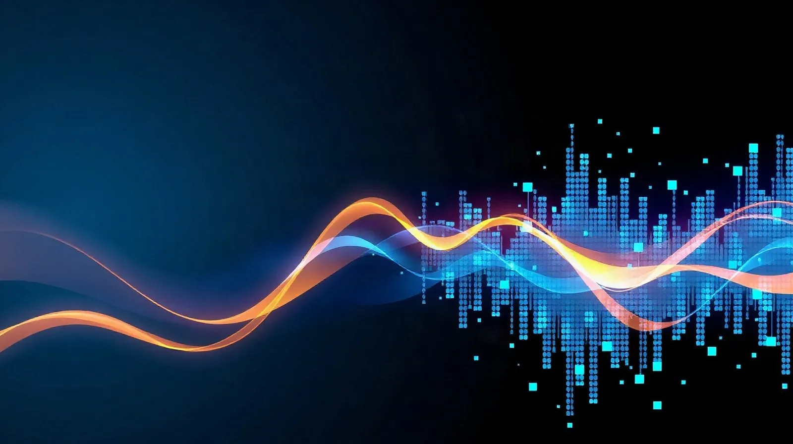 Ilustración abstracta de ondas sonoras que se transforman en fragmentos digitales, representando la música humana y la generada por inteligencia artificial