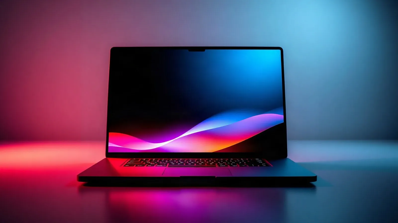 Ilustración abstracta de una laptop con pantalla brillante en tonos OLED representando el anuncio de la nueva MacBook Pro