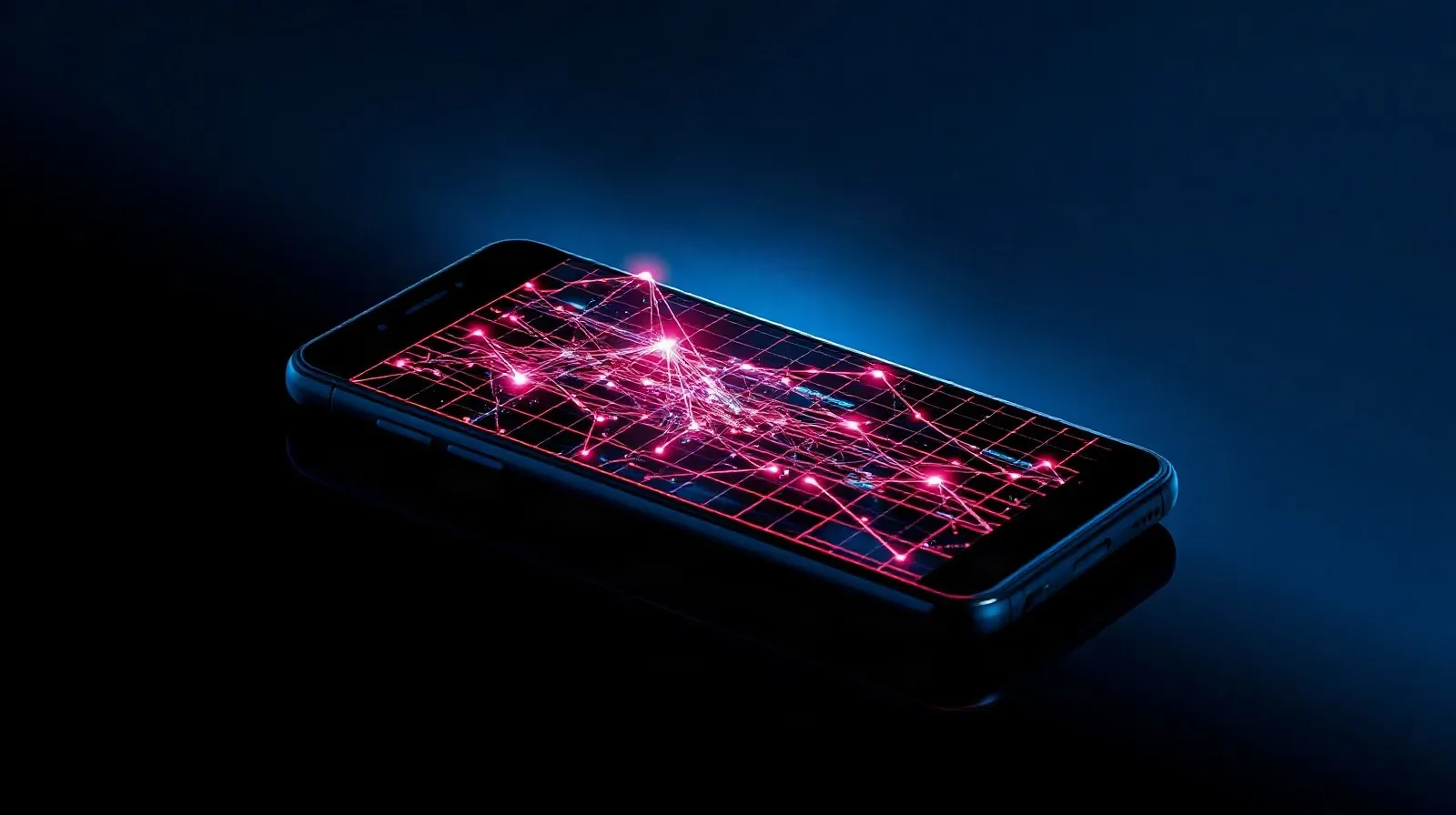 Ilustración abstracta de un teléfono inteligente con líneas digitales fragmentadas que representan un fallo de software