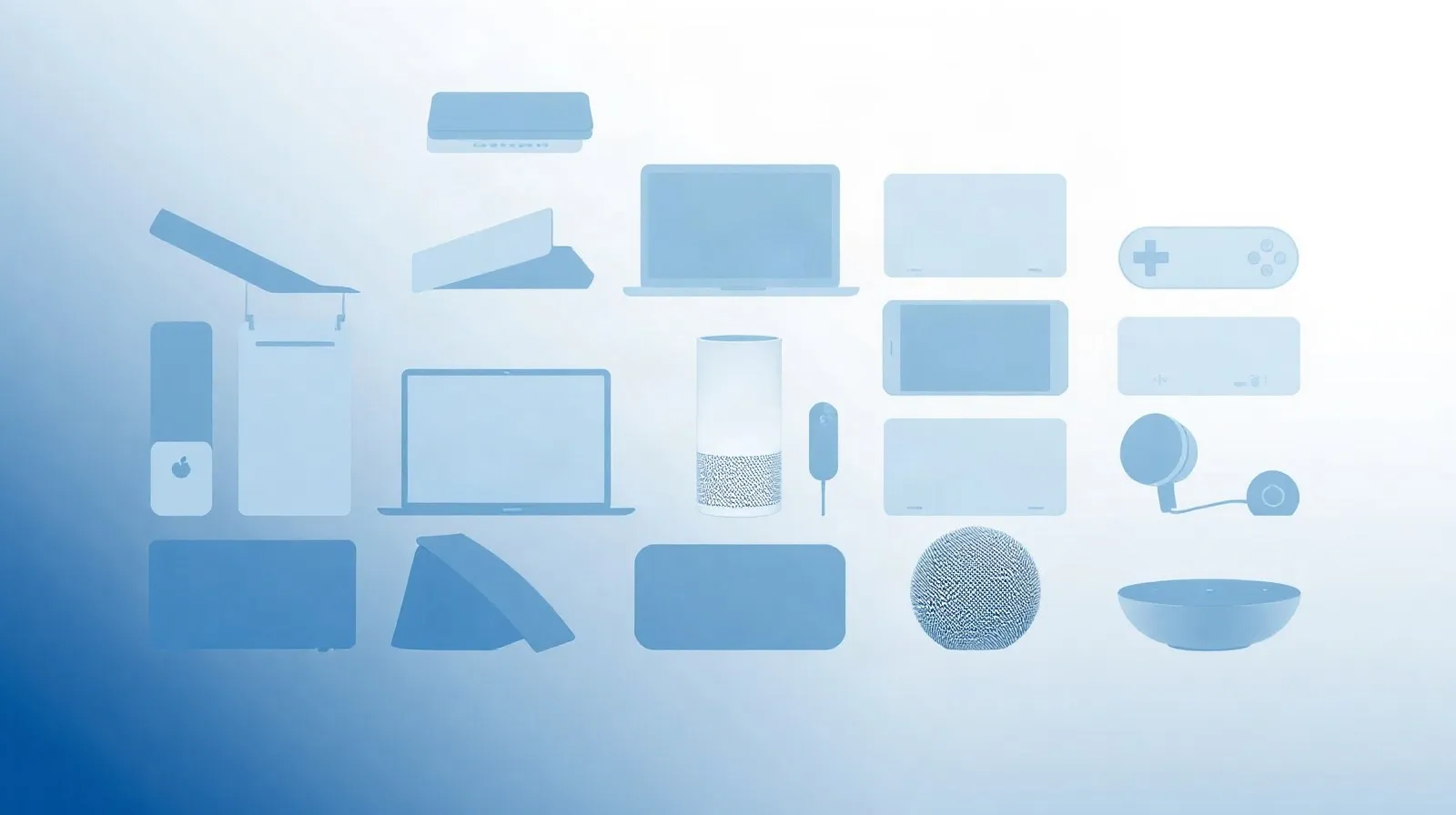 Ilustración abstracta de varios dispositivos tecnológicos representando próximos lanzamientos de Apple