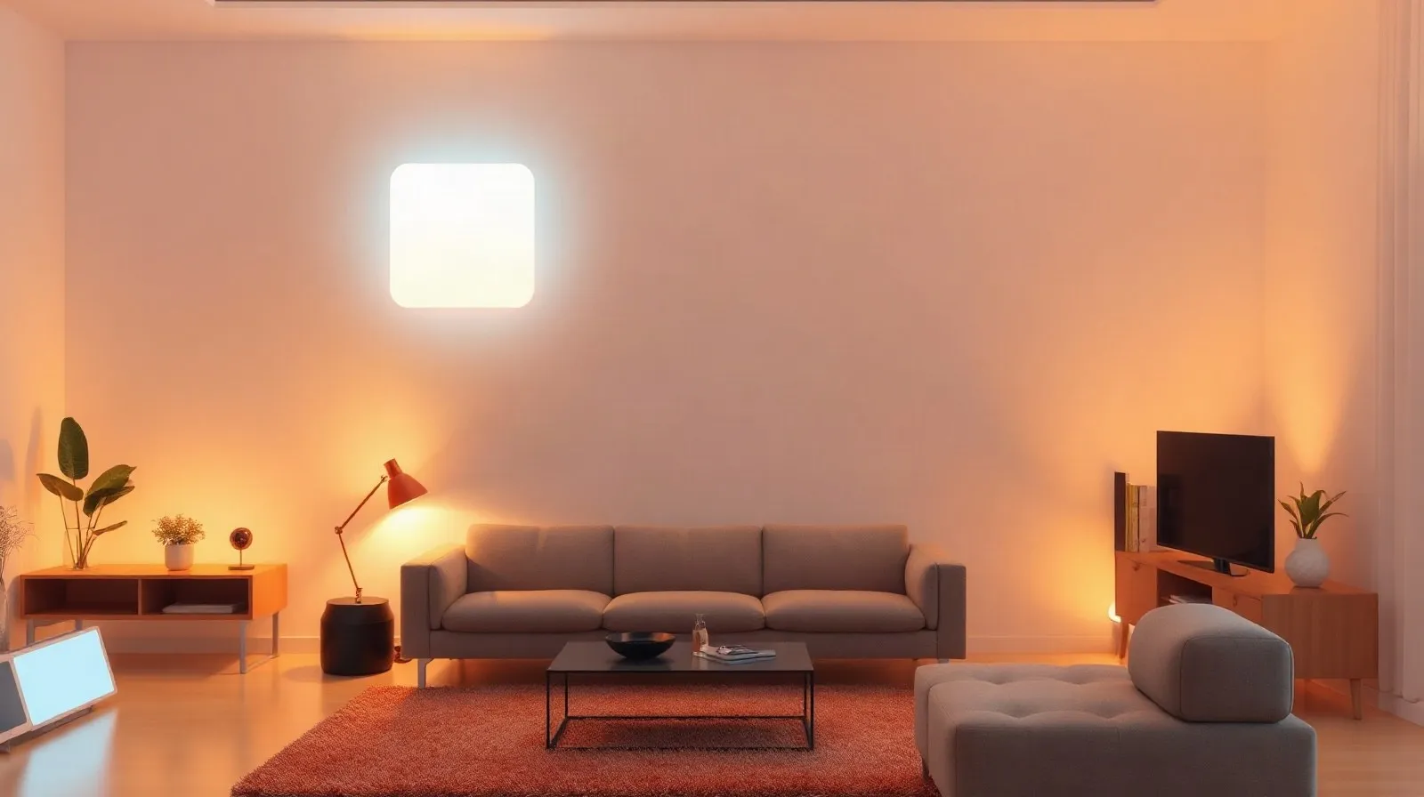 Ilustración abstracta de un hub inteligente para el hogar con una pantalla cuadrada flotando en un ambiente minimalista