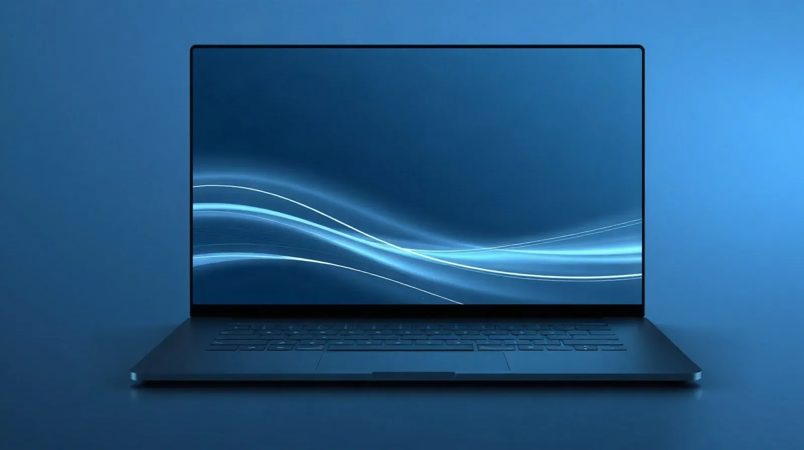Ilustración abstracta de una pantalla de laptop OLED con efectos de luz táctil en tonos azules y plateados