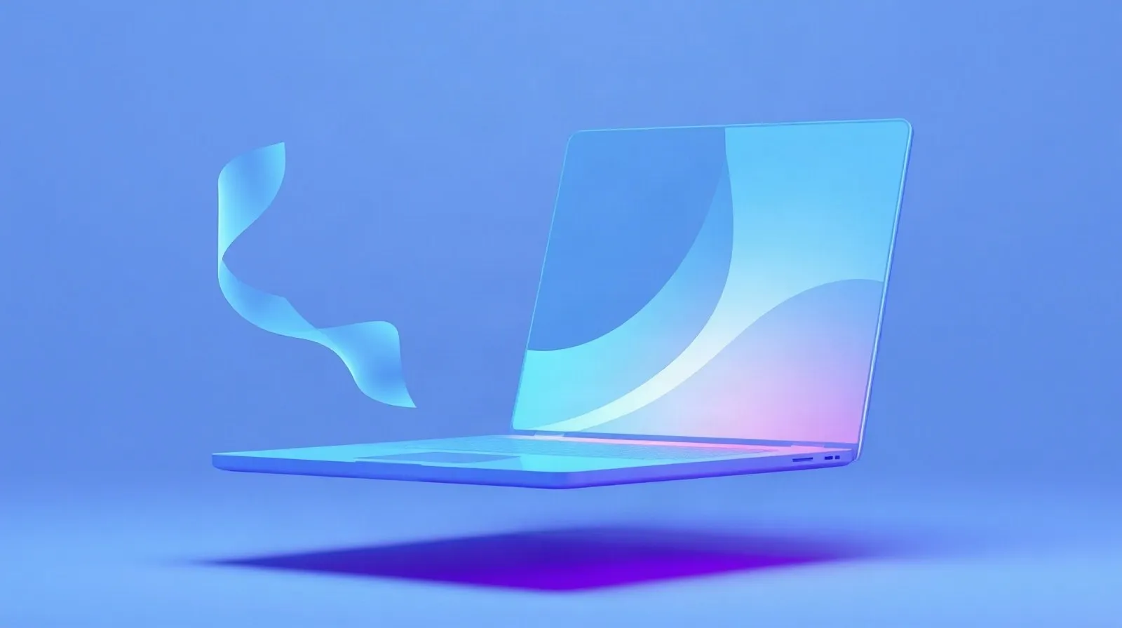 Ilustración abstracta de una laptop delgada con una pantalla de tonos azules y morados que sugiere tecnología OLED