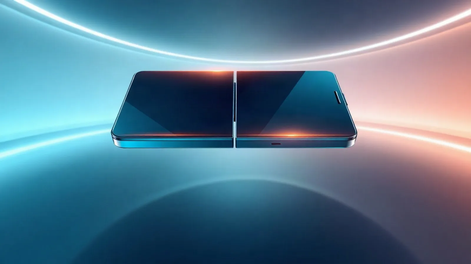 Ilustración abstracta de un teléfono plegable con dos paneles conectados por una bisagra luminosa