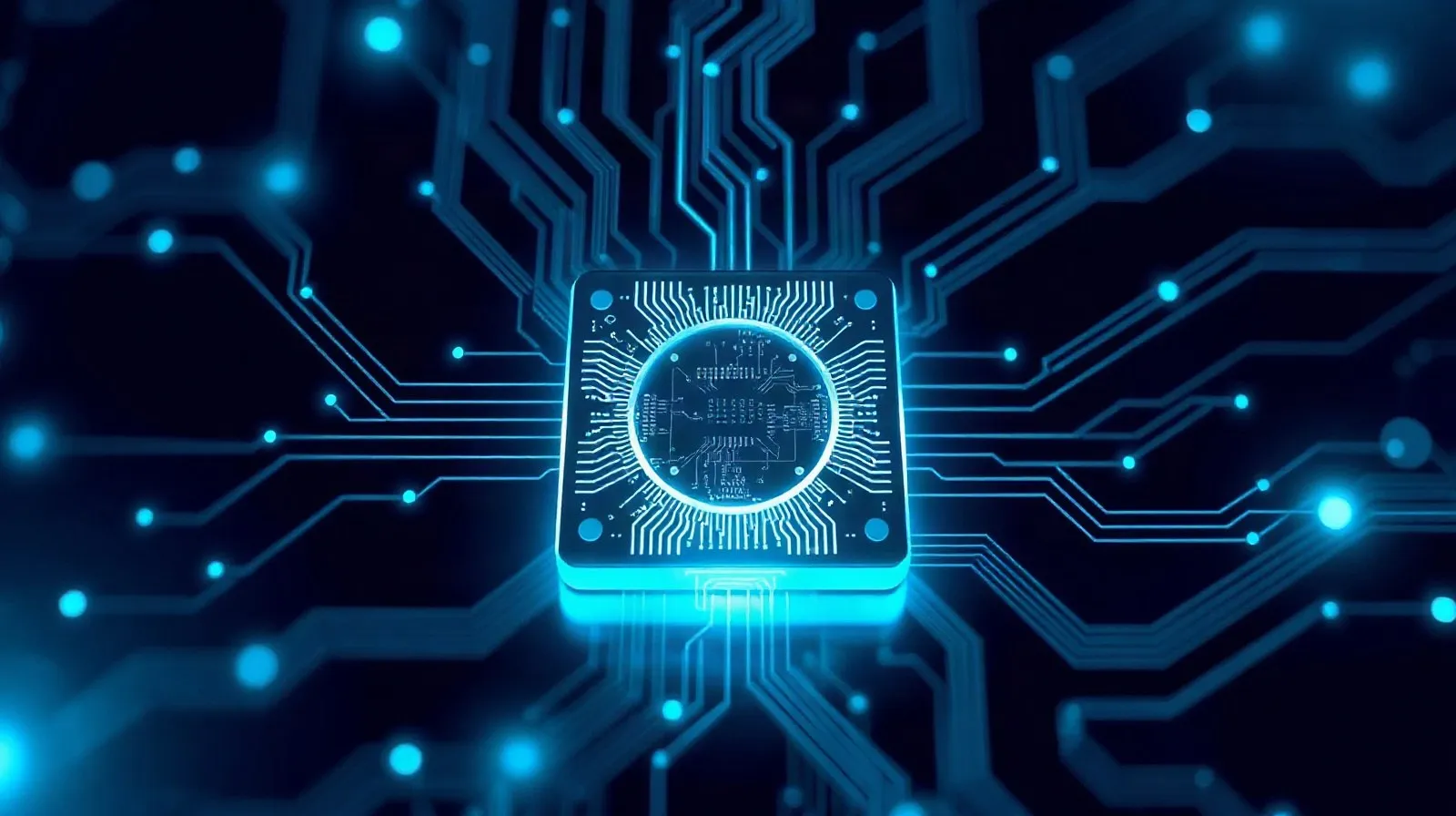 Ilustración abstracta de un chip de silicio futurista con patrones de circuitos iluminados en tonos azules y plateados