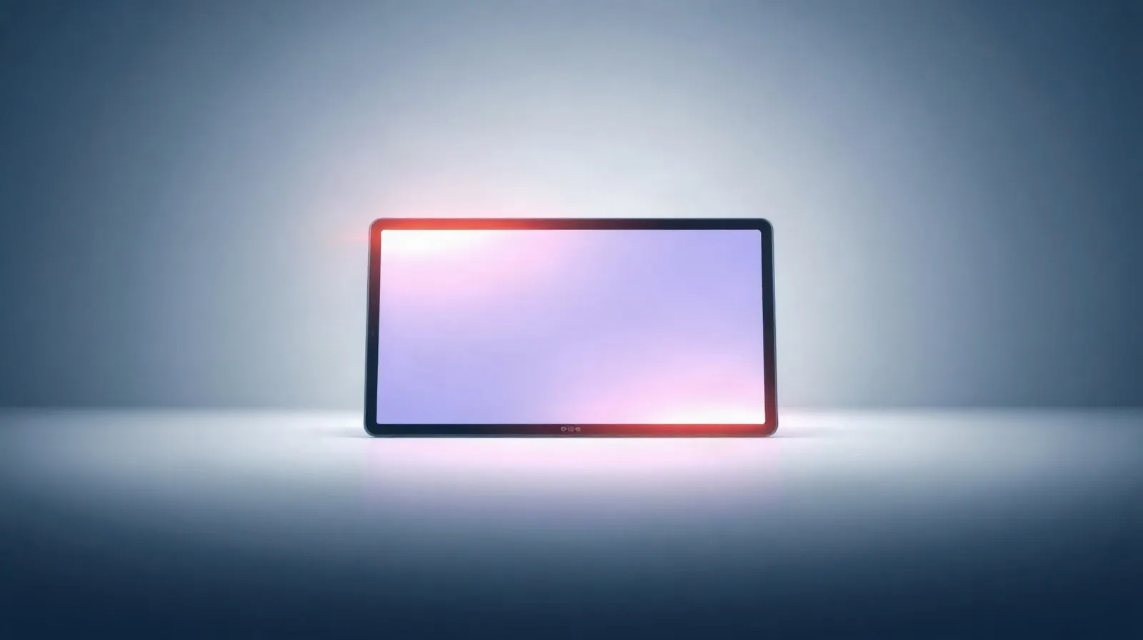 Ilustración abstracta de una tableta delgada con pantalla luminosa en tonos degradados sobre fondo minimalista