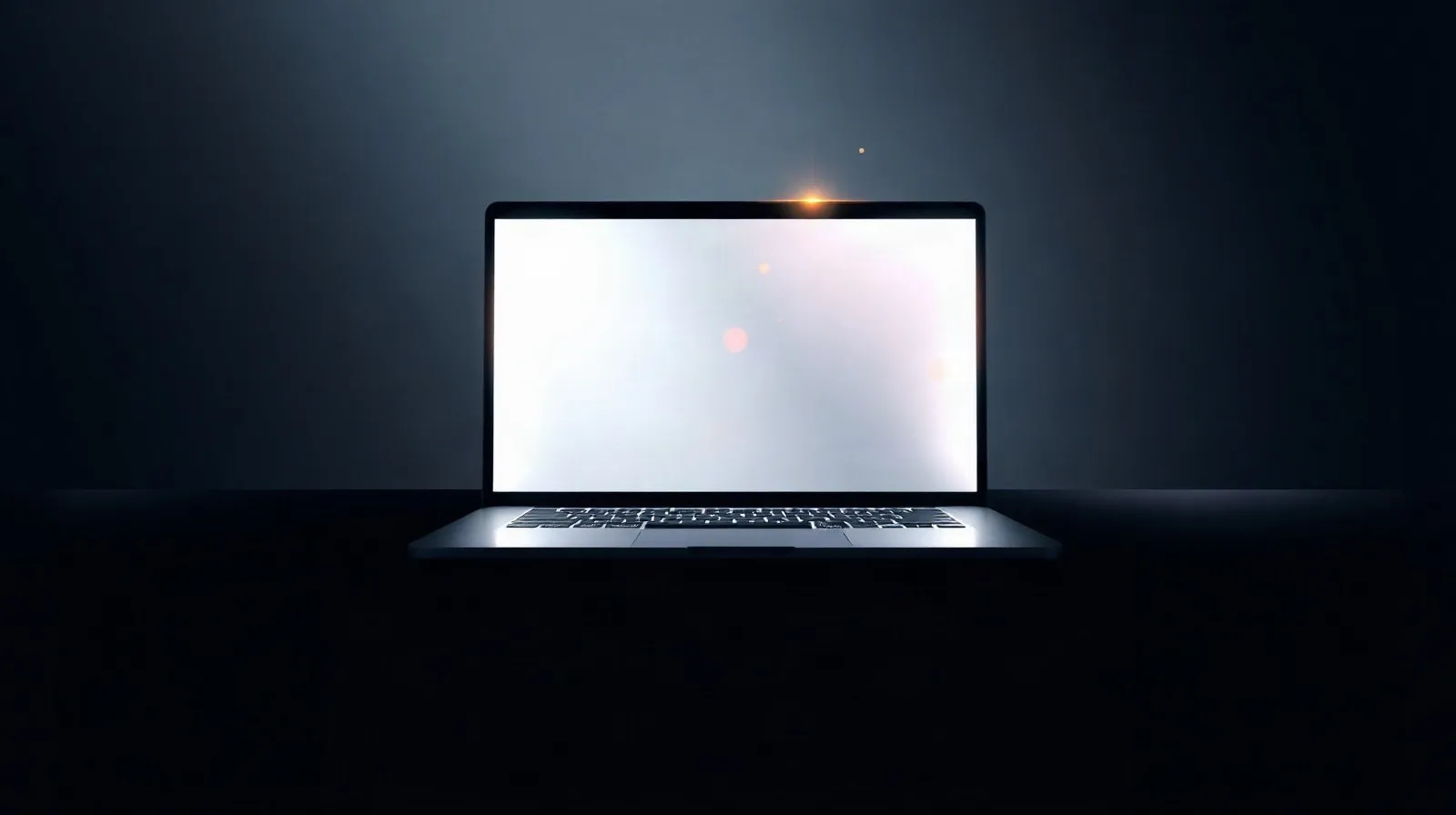 Ilustración abstracta de una laptop con pantalla OLED iluminada en un fondo oscuro minimalista