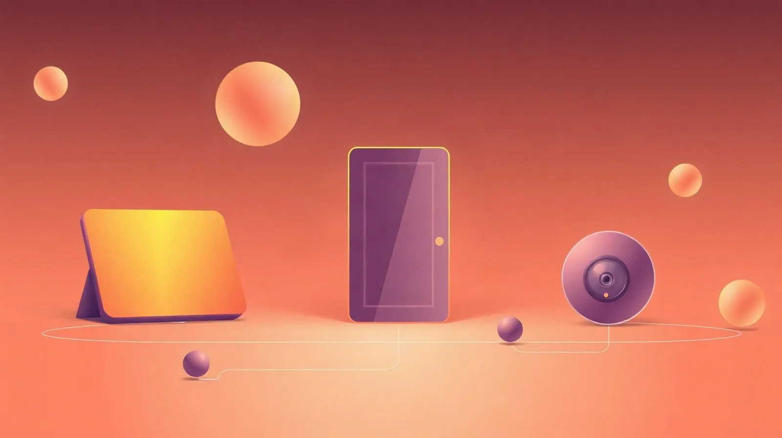 Ilustración abstracta de dispositivos de hogar inteligente conectados, incluyendo una pantalla, un altavoz y una cerradura
