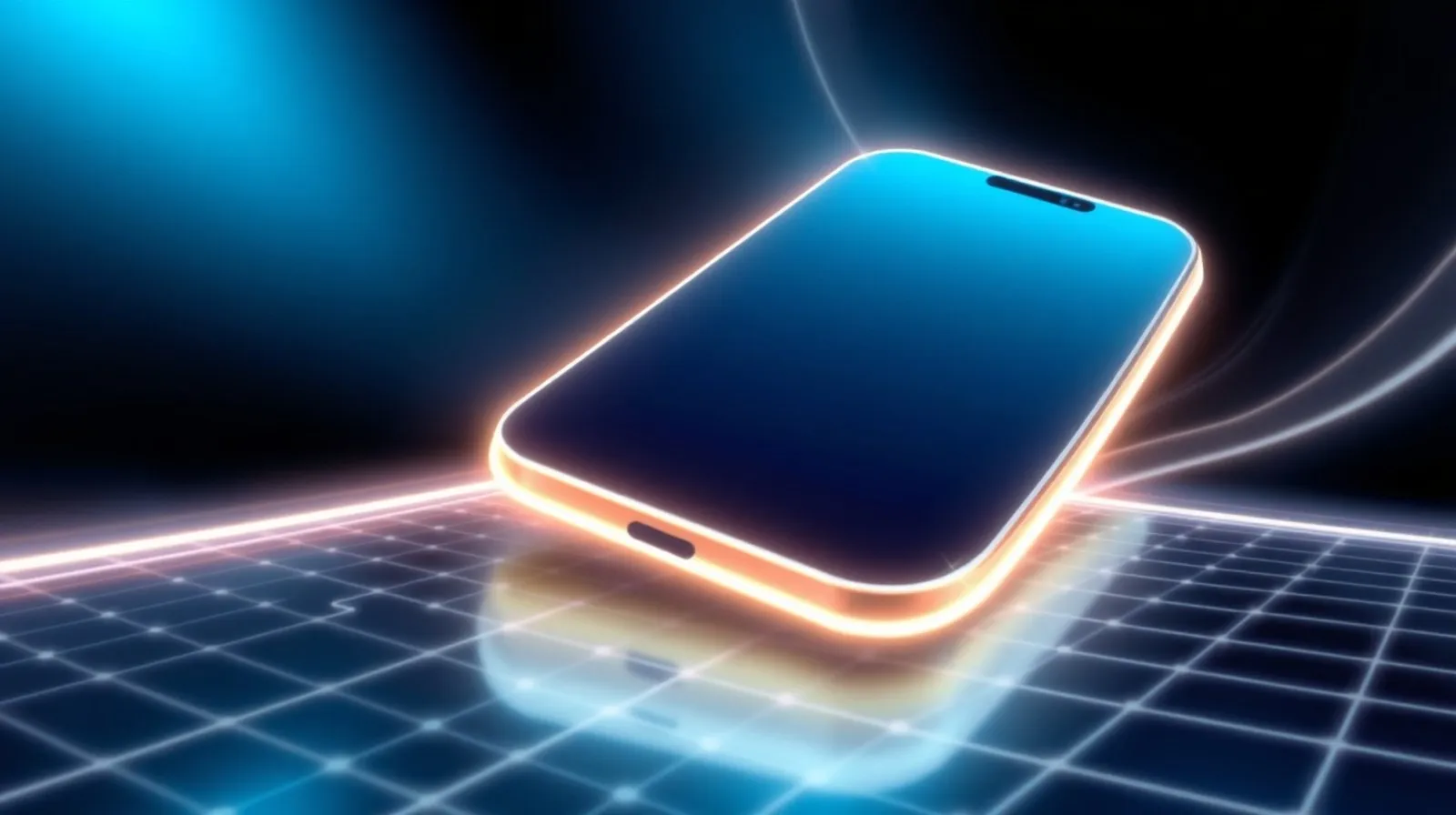 Ilustración abstracta de un smartphone con una pantalla curva de gran tamaño rodeada de líneas de luz futuristas