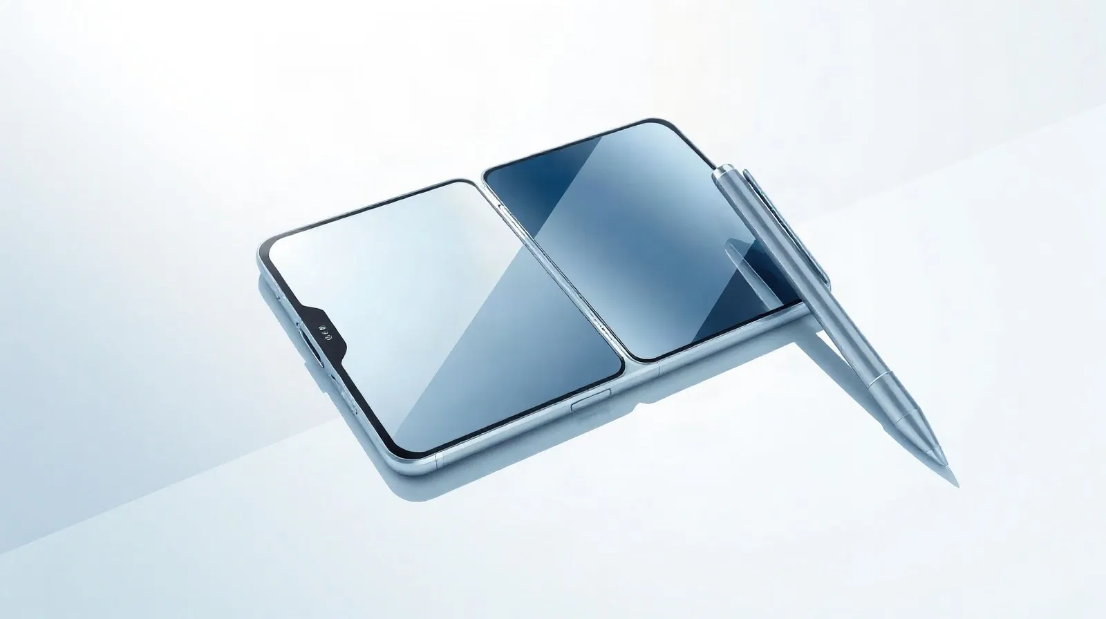 Ilustración abstracta de un teléfono plegable y un lápiz óptico representando los rumores sobre el Apple Pencil para el iPhone plegable