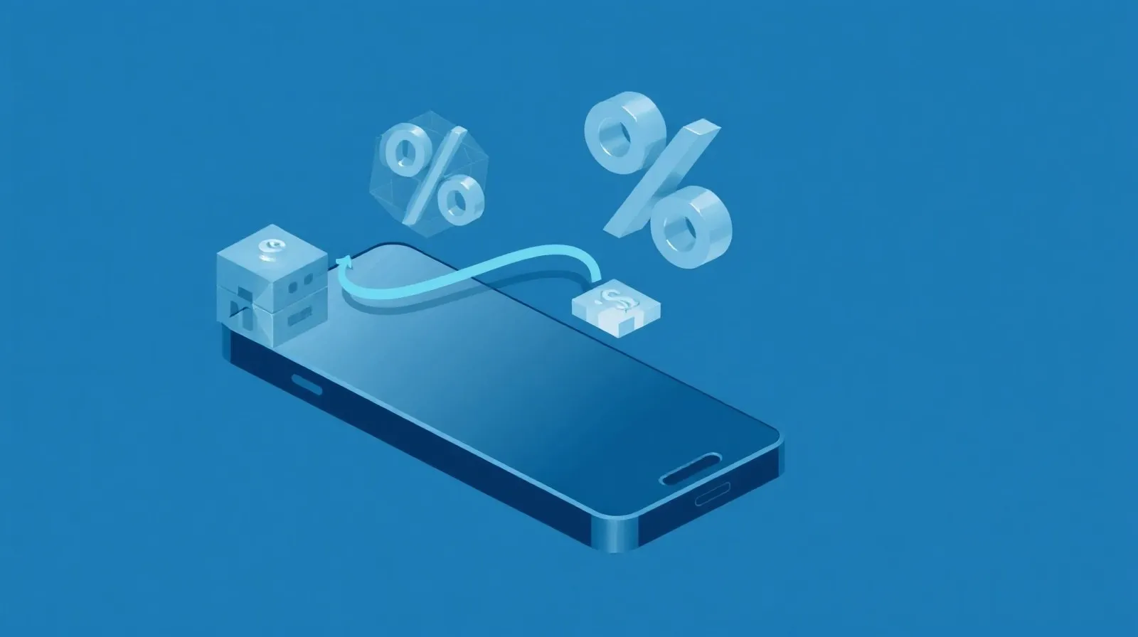 Ilustración abstracta de comisiones y pagos digitales sobre un fondo con formas geométricas y un ícono de teléfono estilizado