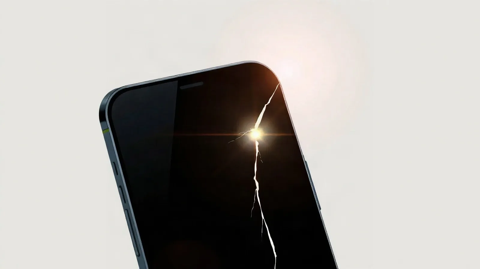 Ilustración abstracta de una bisagra de teléfono plegable con una grieta de luz atravesando la pantalla