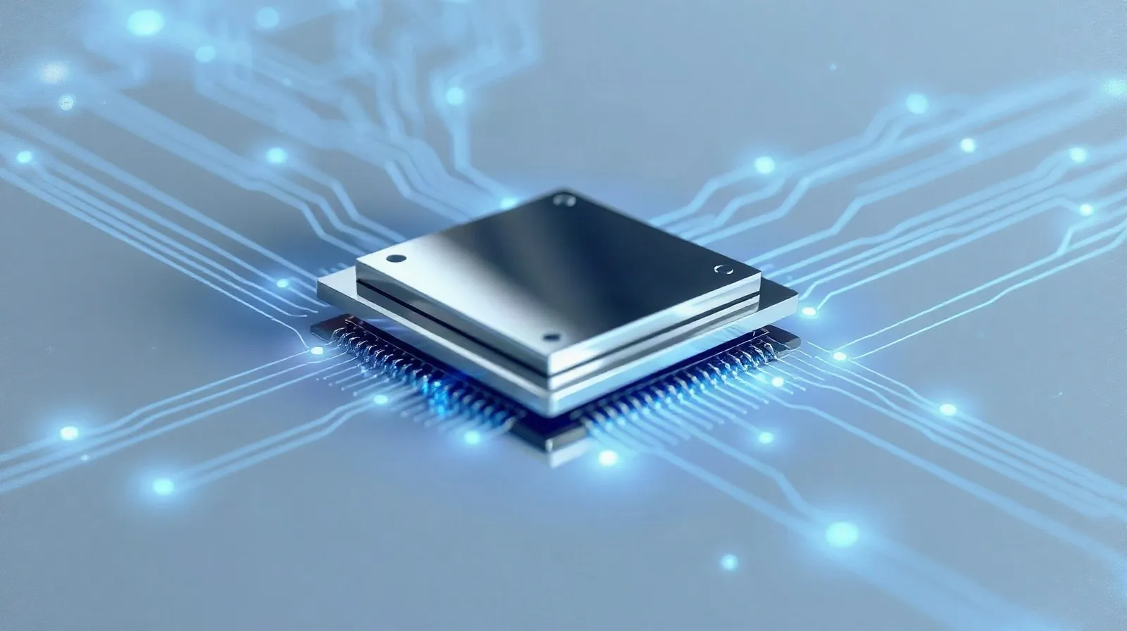 Ilustración abstracta de un chip de computadora con circuitos brillantes en tonos plateados y azules
