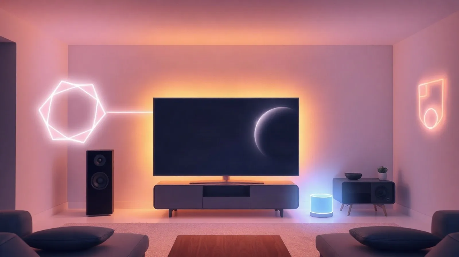 Ilustración abstracta de dispositivos de hogar inteligente conectados por líneas de luz en una sala minimalista