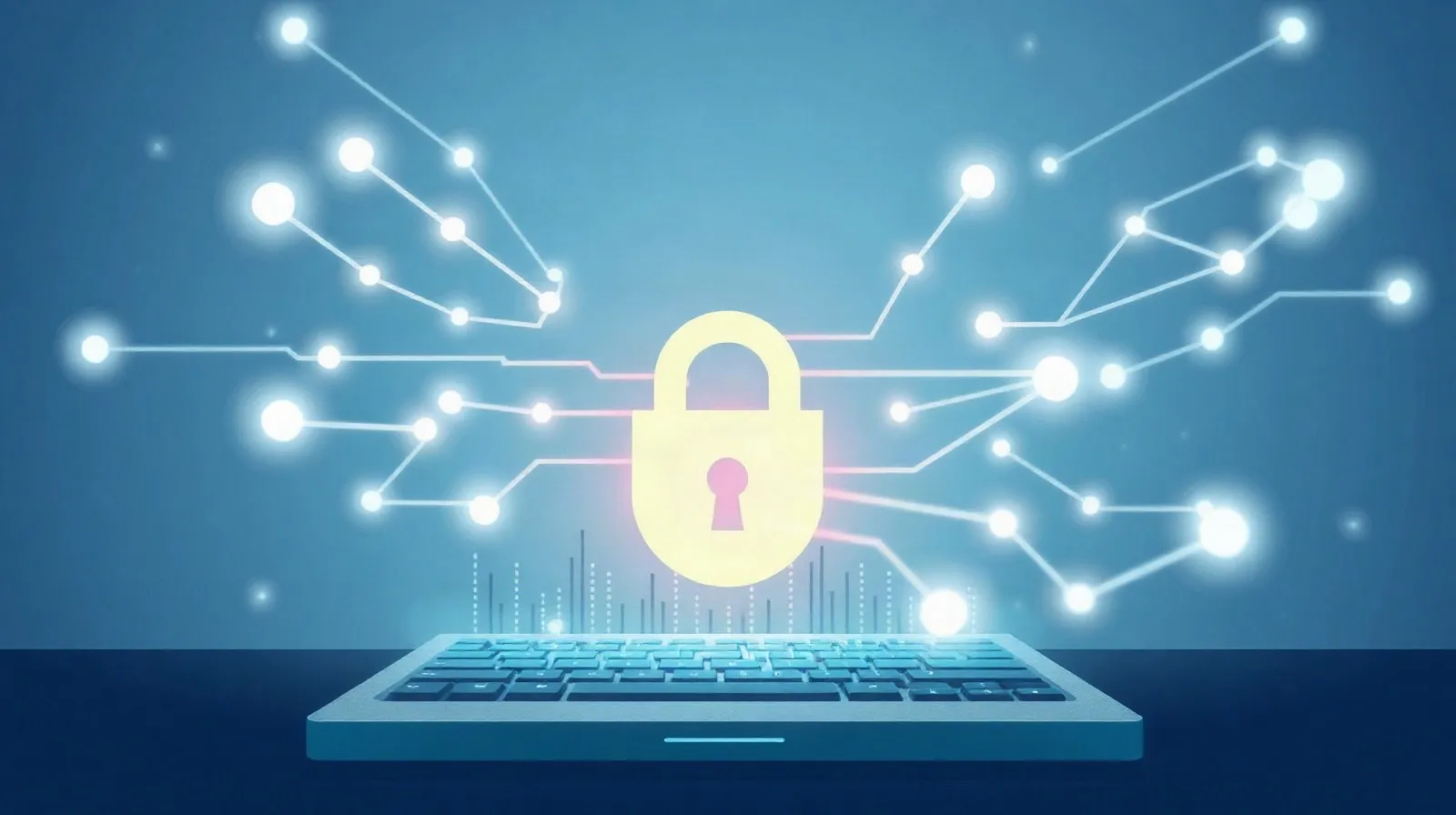 Ilustración abstracta de un candado digital rodeado de flujos de datos representando la seguridad y privacidad en una computadora