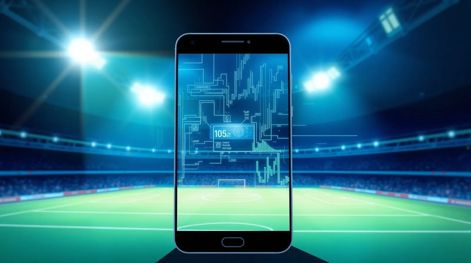 Ilustración abstracta de un estadio de fútbol con datos digitales superpuestos, representando una app deportiva móvil