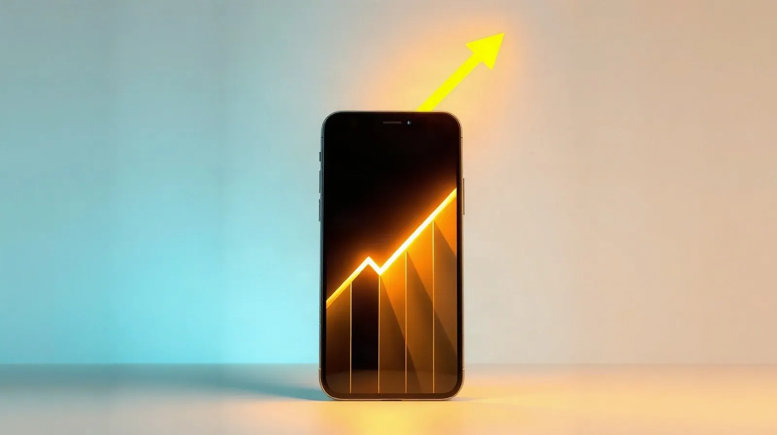 Ilustración abstracta de un teléfono inteligente con una flecha de luz ascendente que simboliza la subida de precios