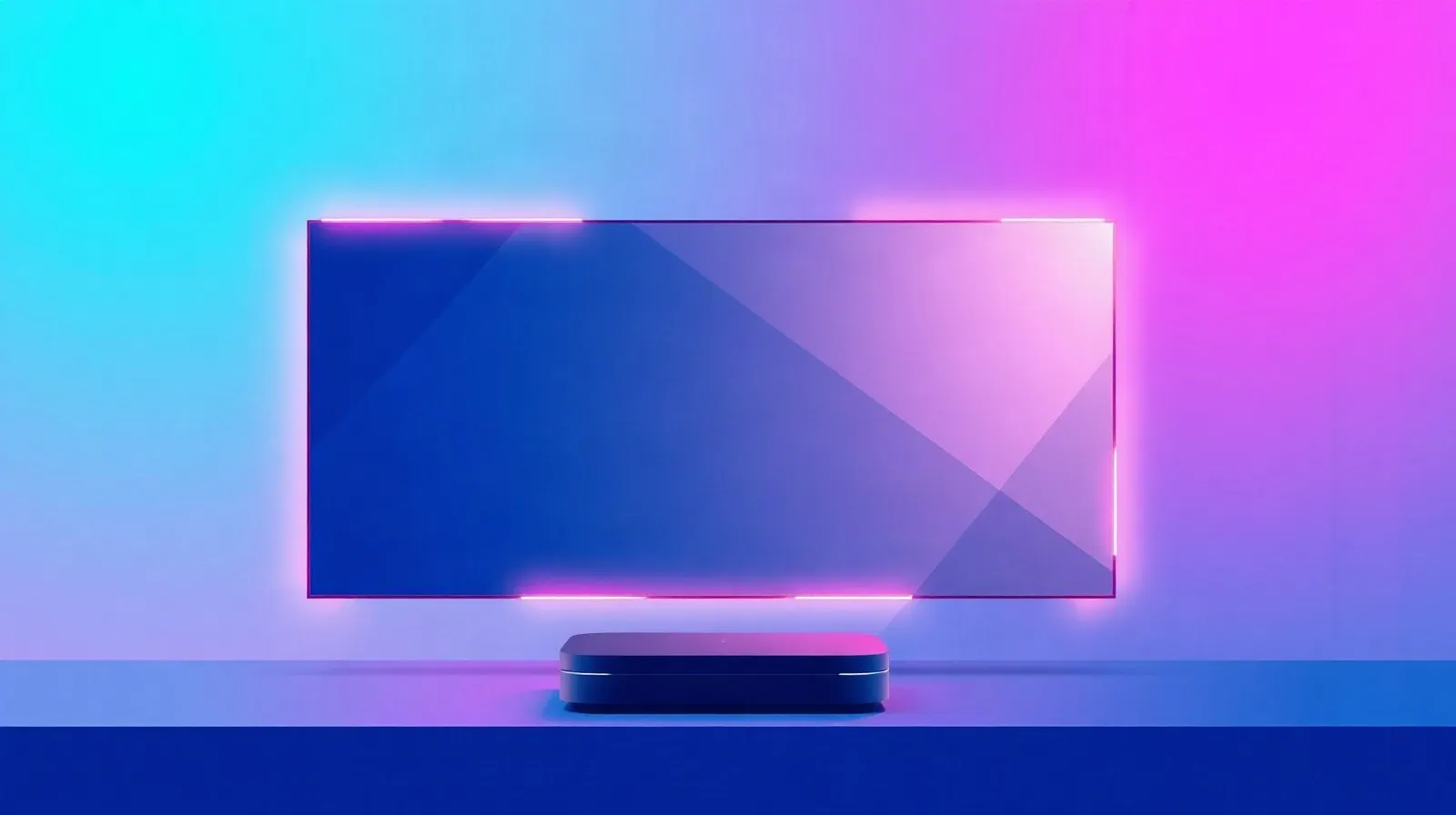 Ilustración abstracta que representa un dispositivo de streaming y un centro de hogar inteligente conectados por luces digitales