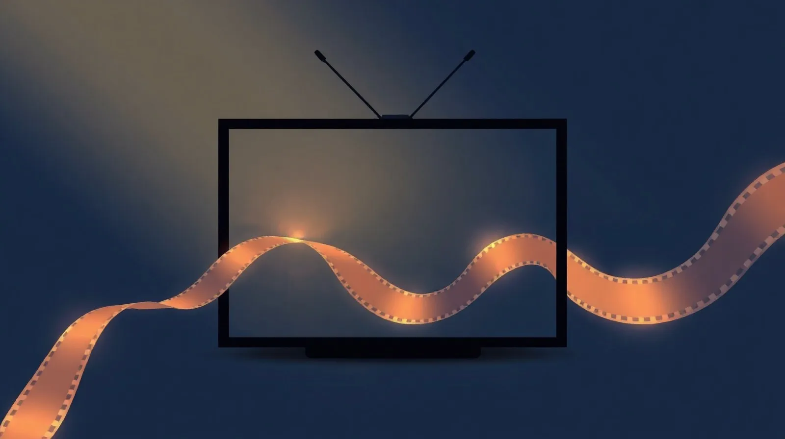 Ilustración abstracta de un carrete de película fusionándose con una pantalla de televisión, en tonos azules y ámbar