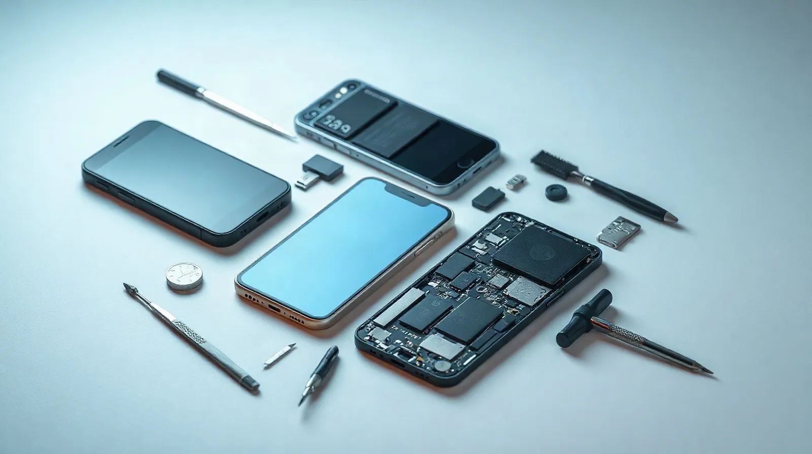 Ilustración abstracta de piezas y herramientas de reparación de un smartphone sobre fondo neutro