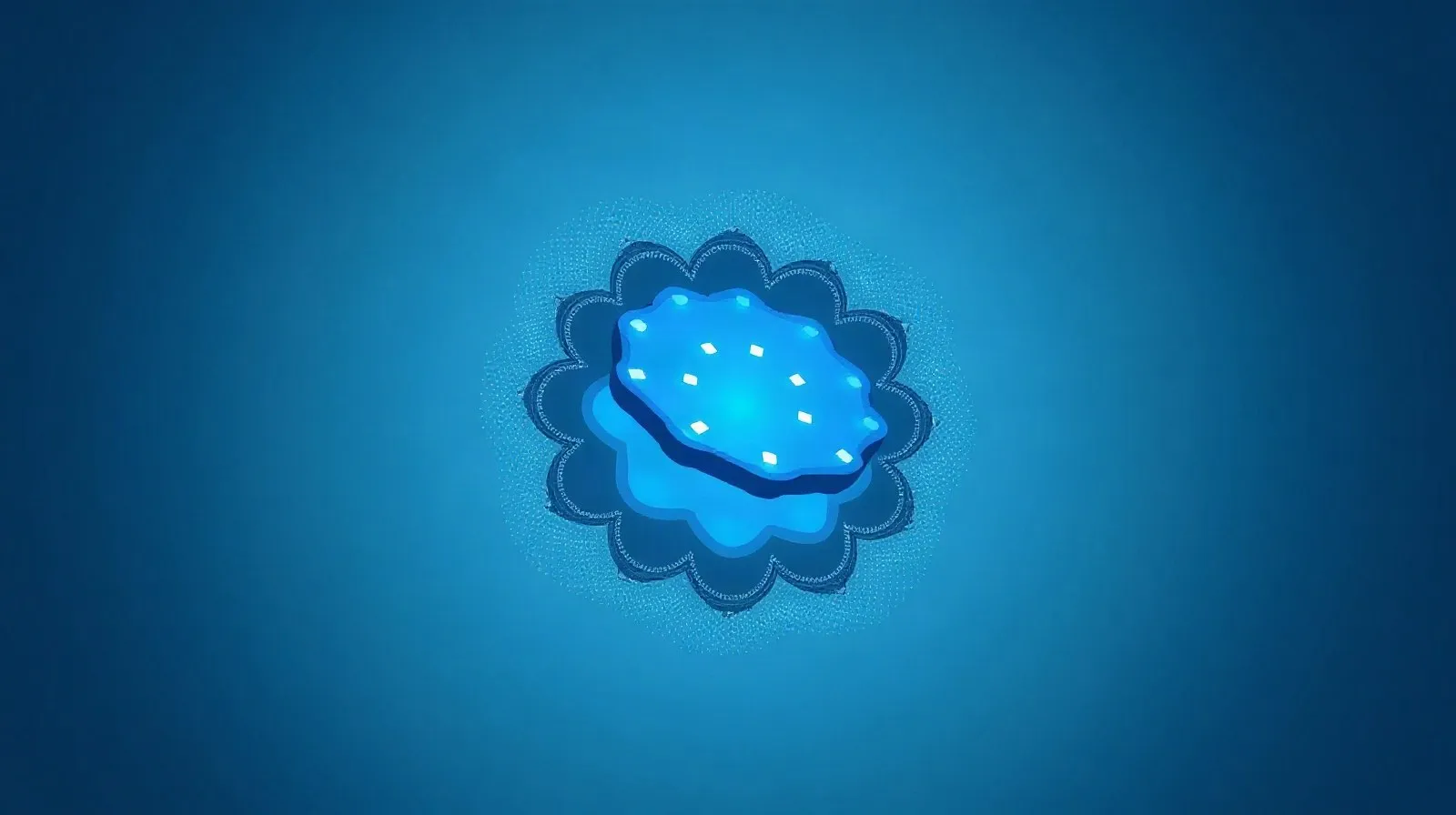 Ilustración abstracta de un reloj inteligente con sensores en patrón floral y luces LED sobre fondo degradado azul