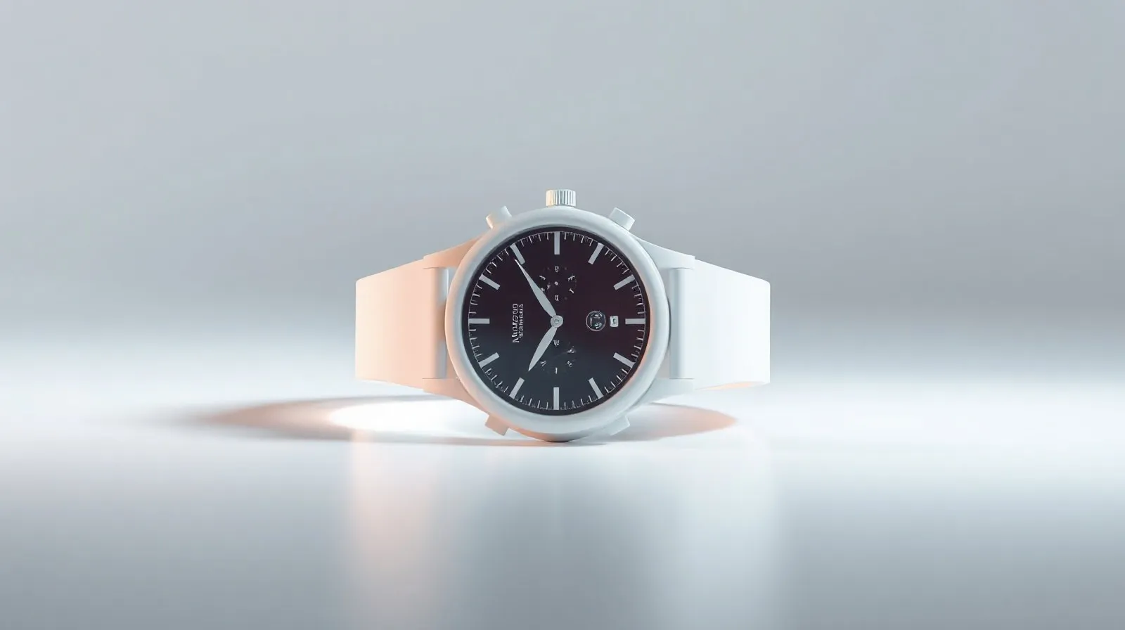 Ilustración abstracta de un reloj inteligente con acabado de cerámica blanca y reflejos pulidos