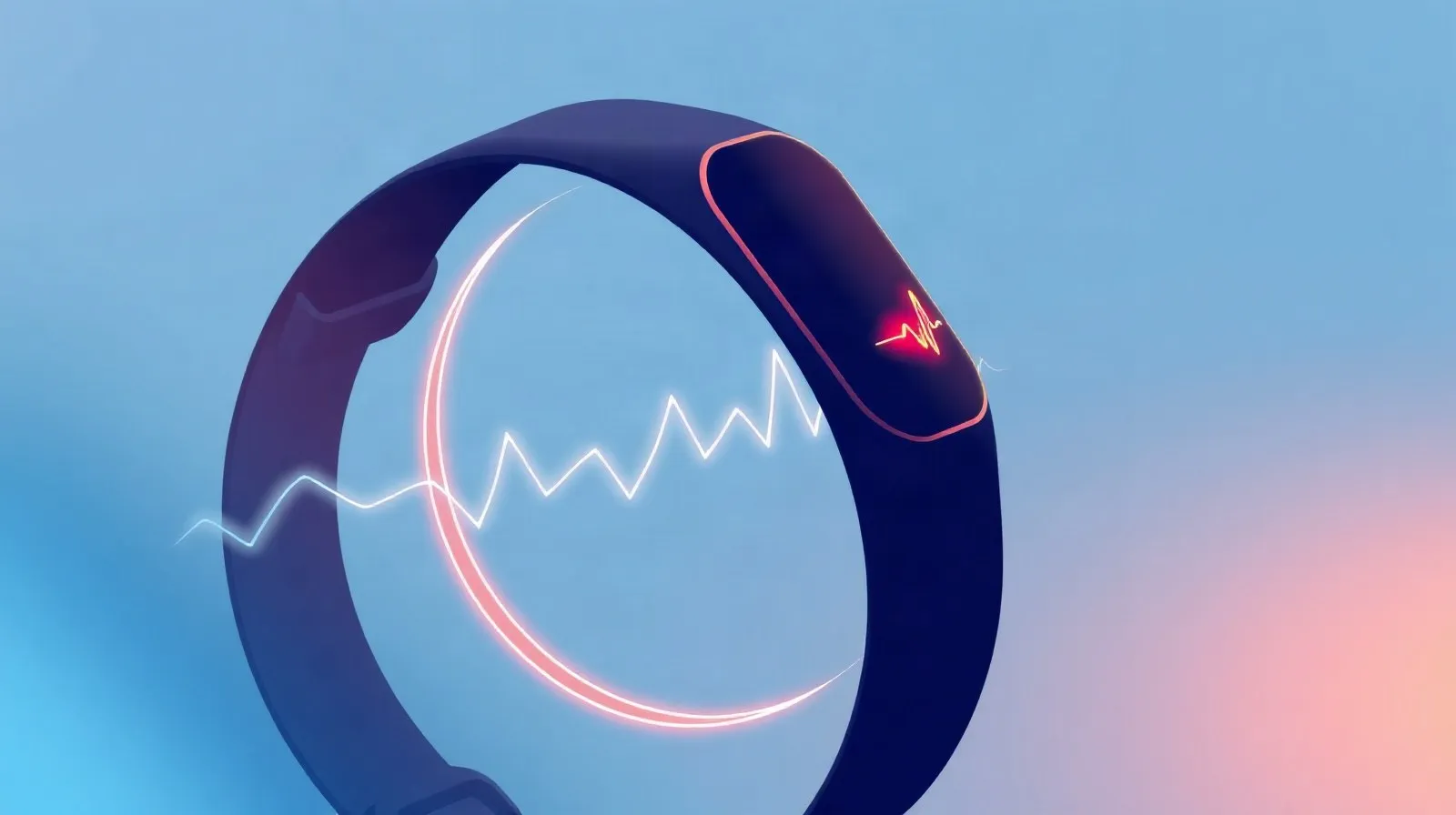 Ilustración abstracta de un reloj inteligente y un anillo con ondas de datos biométricos representando el seguimiento de salud